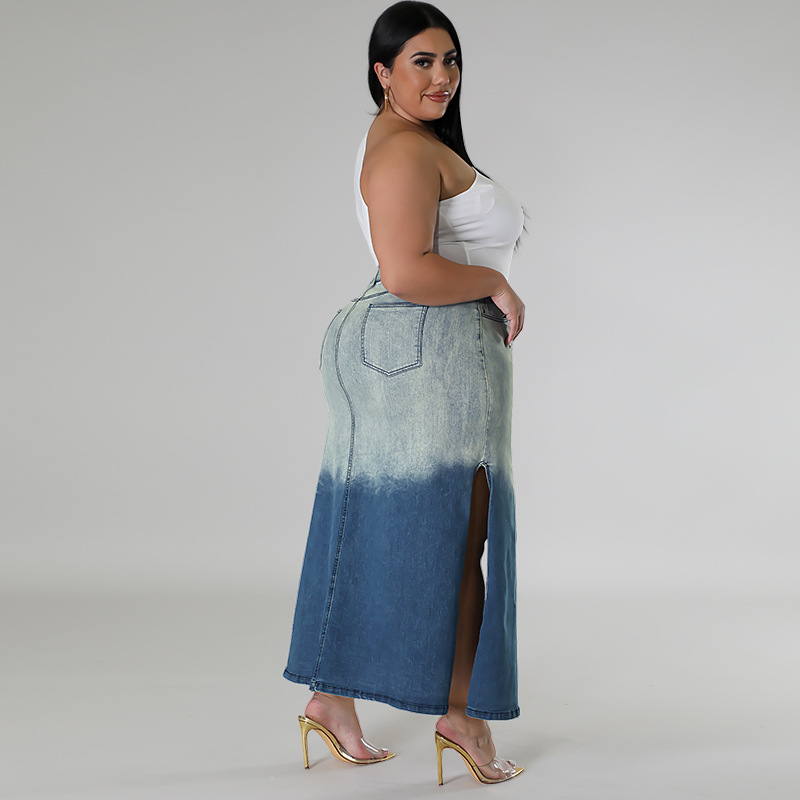 Dameskleding Plus Size Dames Denim Rok Geweven Rok met Verloop en Split, Geschikt voor Formele & Casual gelegenheden, Ronde Hals_voghion.com