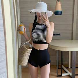 日韩简约千鸟格分体泳衣女两件套性感保守高腰遮肚显瘦比基尼泳装