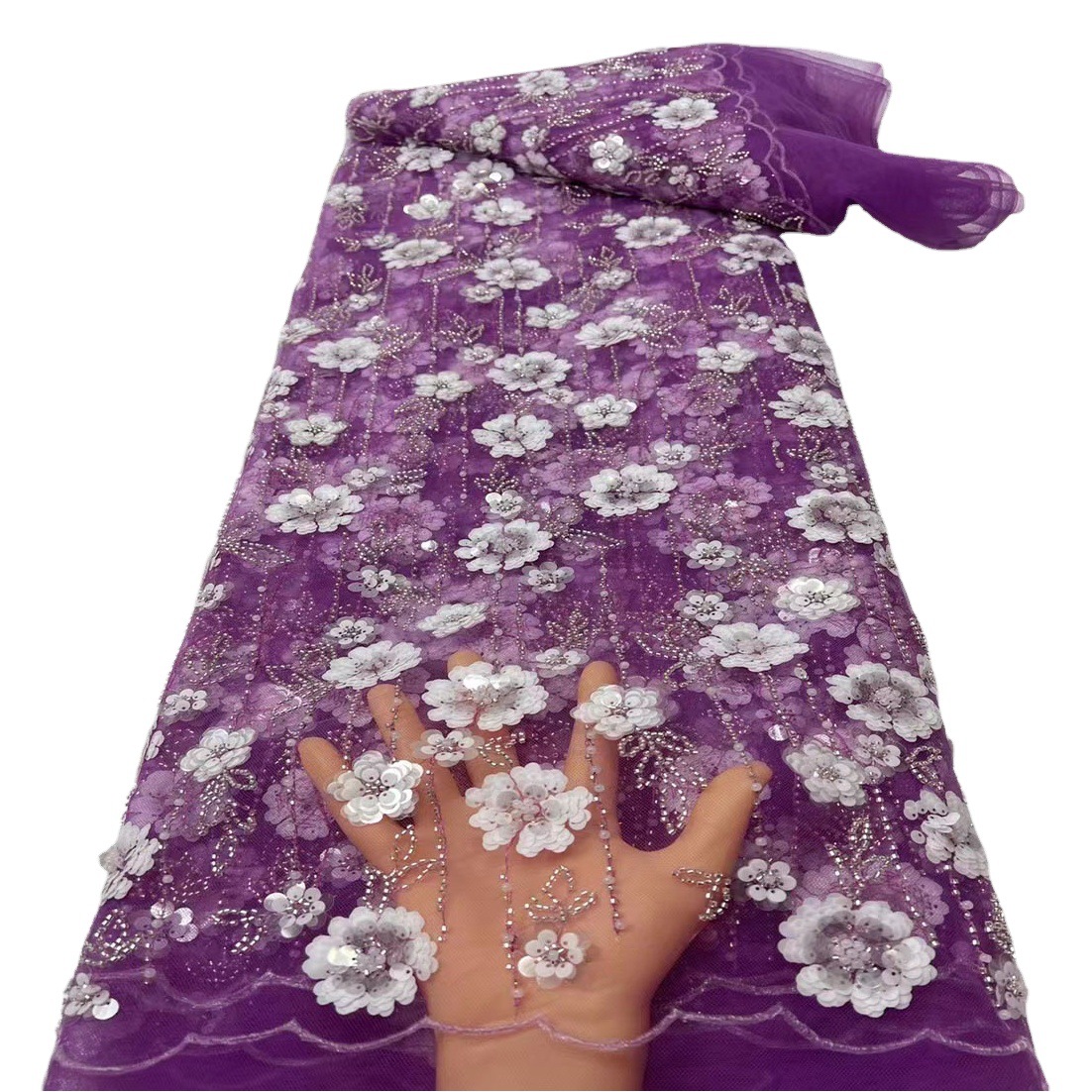 Encaje bordado con motivos florales, tela con bordado elaborado, lentejuelas, bordado con cuentas tubulares, vestido de novia, qipao, tela de malla de encaje.