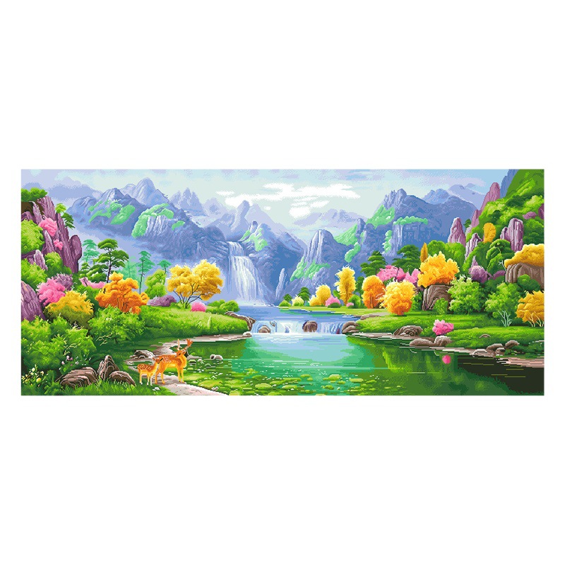 Mona Lisa, Pintura de Paisaje Bordada a Mano con Puntos de Cruz, Montañas Verdes y Agua Verde, Ciervo de la Fortuna, Decoración Grande para Sala de Estar image 1