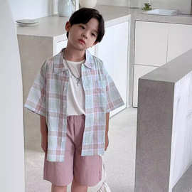 24夏新款中小童男童韩国童装蓝粉色格子印花水洗棉布翻领短袖衬衫