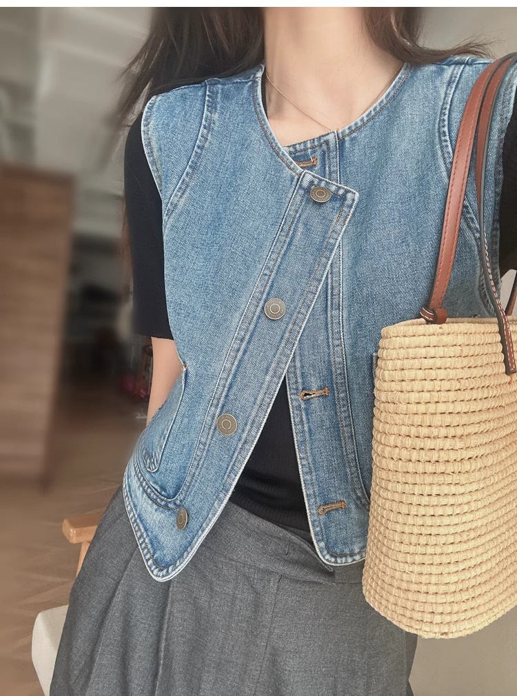 Áo vest denim nữ ngắn tay rộng rãi phong cách thời trang xuân hè — Xanh denim chi tiết 5