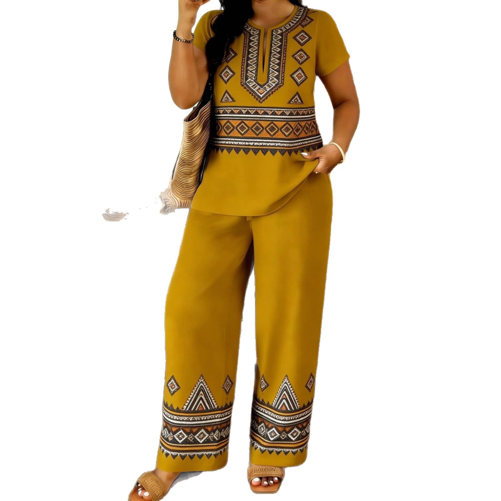 Completo estivo da donna: top con scollo a V e pantaloni casual, nuovo stile._voghion.com