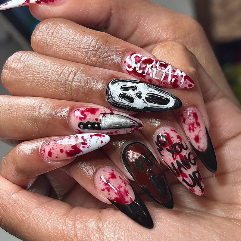 Halloween press-on nails with European and American ghost faces and blood drops, finished nail patches, nail art pieces wholesale Halloween press-on nails with European and American ghost faces and blood drops, finished nail patches, nail art pieces wholesale