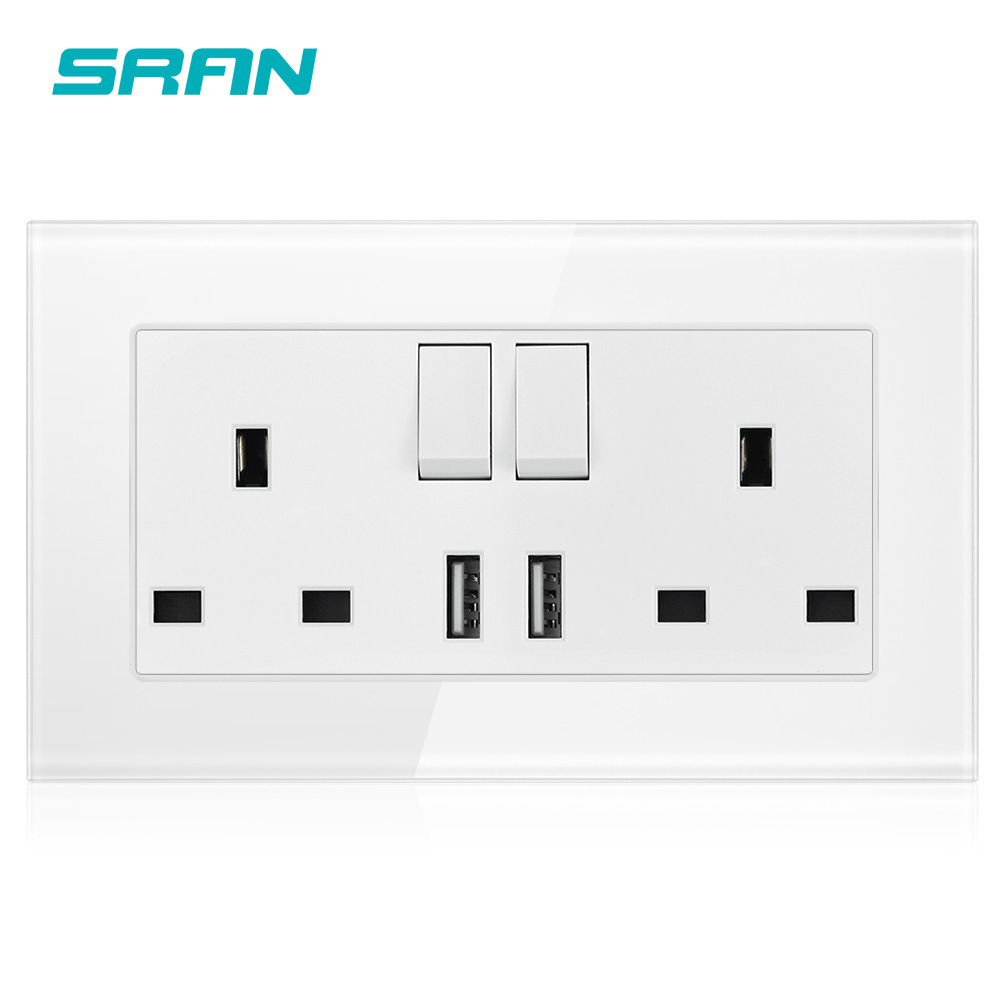 外贸暗装英标146型13A双联英插双USB带开关港澳版白色玻璃