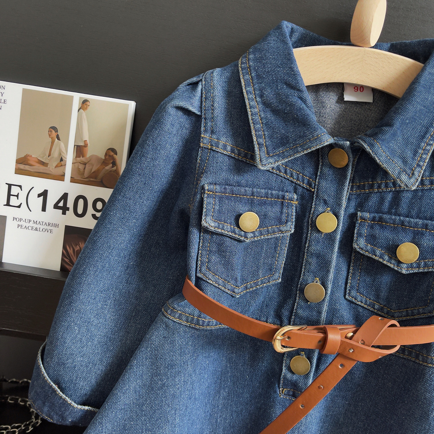 Rochie din denim cu mâneci lungi pentru fetițe din bumbac moale_voghion.com