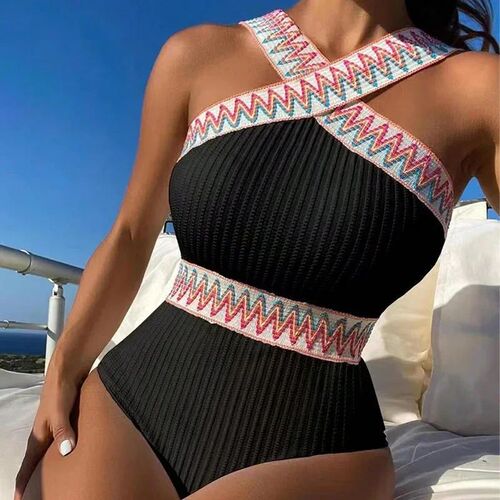 Women Striped One Piece Swimsuit Summer Padded Cross Strap S