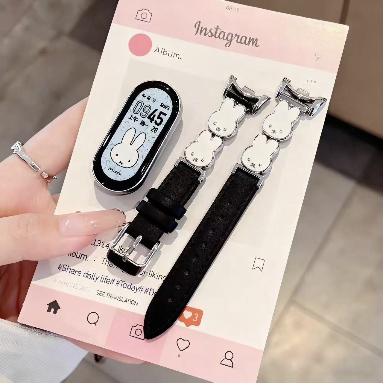 Tiktok Hot-Selling Product Suitable for Xiaomi 8/9/10 Nfc Smart Bracelet Leather Strap Xiaomi 9/8 Pro Miffy Rabbit Strap