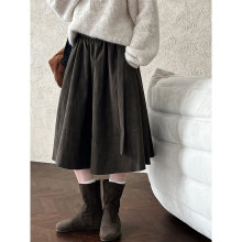 鹿西 复古麂皮拼接百褶遮肉显瘦半身裙女秋季新款配腰带伞裙9783