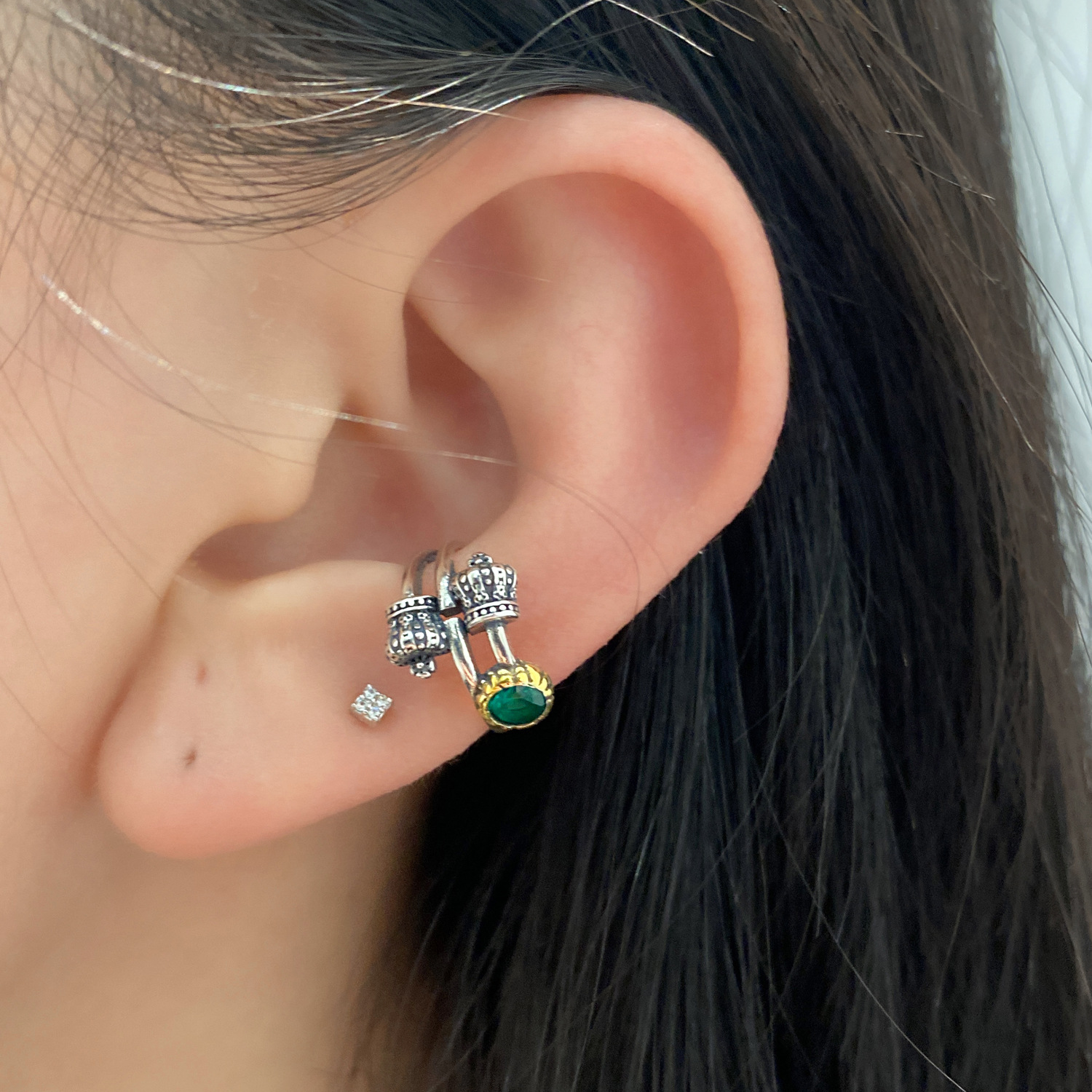 Original s925 Sterling Silver Green Diamond Double Ear Clip Women's Ear Clip Without Ear Holes Advanced Design Niche Ear Clip 2022 New