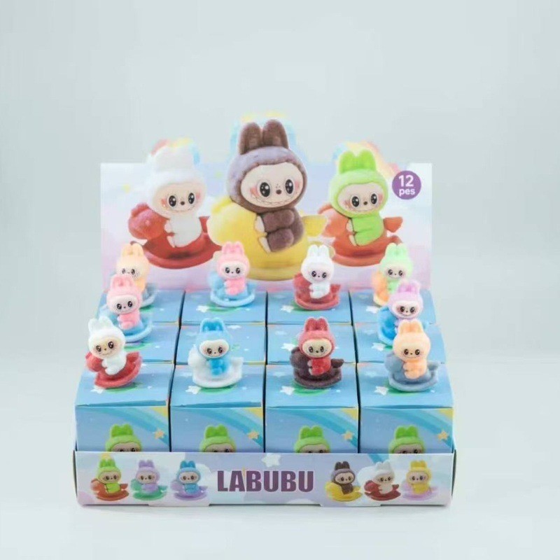 Flocking style labubu riding mixed style, a large box of 12 mixed packs, multiples of 12 are available with display boxes
