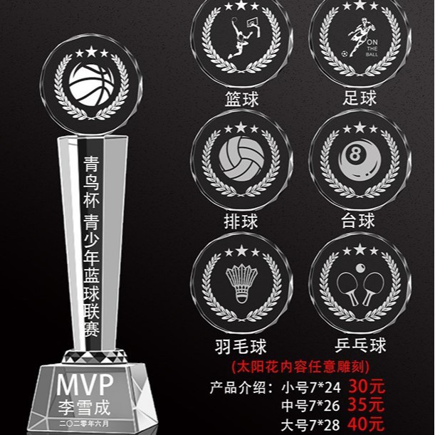 Personalizado trofeo de juego dorado baloncesto fútbol bádminton tenis de mesa correr cristal dorado trofeo infantil grabado