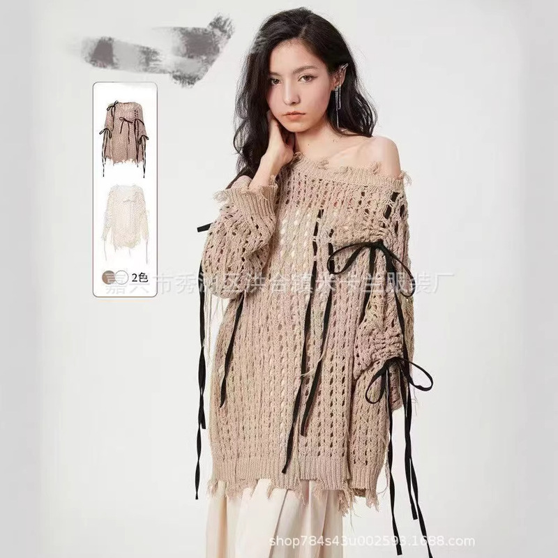 2026 New Style Hollow-Out Wasteland Style Hand-Crocheted Fishnet Knitwear for Women with Hand-Woven String Ribbons, Versatile Tassels, and Unique Design