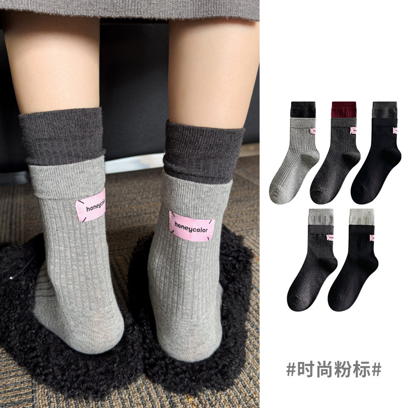 Socks for Women in Autumn and Winter Double-Layer Spliced Fabric Label Gray Spring and Summer Mid-Calf Socks Ins Trendy Fashion Cross-Border Long Stockings Socks for Women in Autumn and Winter Double-Layer Spliced Fabric Label Gray Spring and Summer Mid-Calf Socks Ins Trendy Fashion Cross-Border Long Stockings