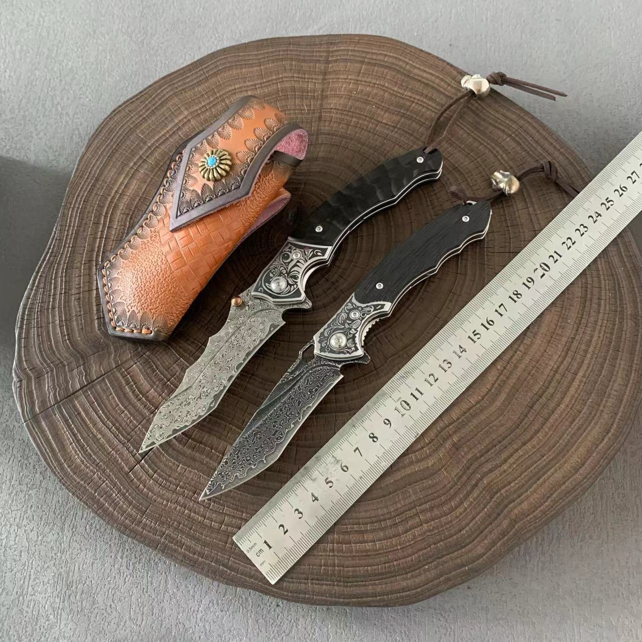 户外多功能大马士革折叠刀便携锋利小刀黑檀木手柄随身便携水果刀