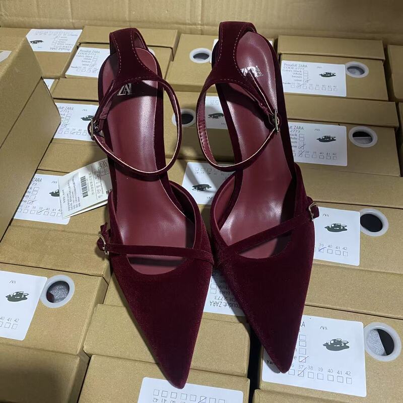 Za2025 Spring New Women's Shoes wine red Suede Pointed Shallow Mule High Heel Shoes with Buckle Strap Women's Shoes