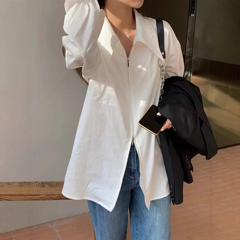 Design Sense Large Lapel Zipper Shirt Women's Spring and Autumn New Loose Mid-length Niche White Outer Wear Shirt Design Sense Large Lapel Zipper Shirt Women's Spring and Autumn New Loose Mid-length Niche White Outer Wear Shirt