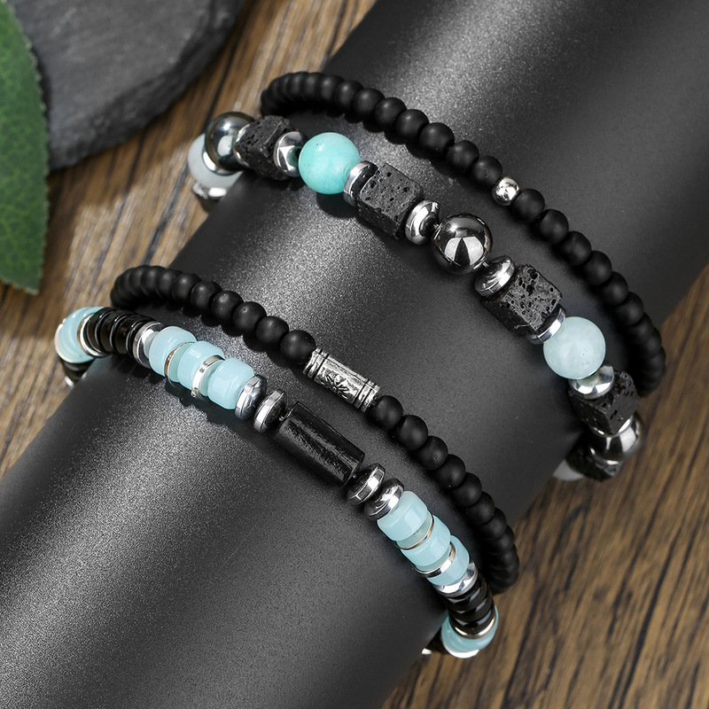 Cross-Border Fashion Retro Black Agate Volcanic Stone Beaded Bracelet Summer Vacation Style Men's Natural Stone Stacked Bracelet Cross-Border Fashion Retro Black Agate Volcanic Stone Beaded Bracelet Summer Vacation Style Men's Natural Stone Stacked Bracelet