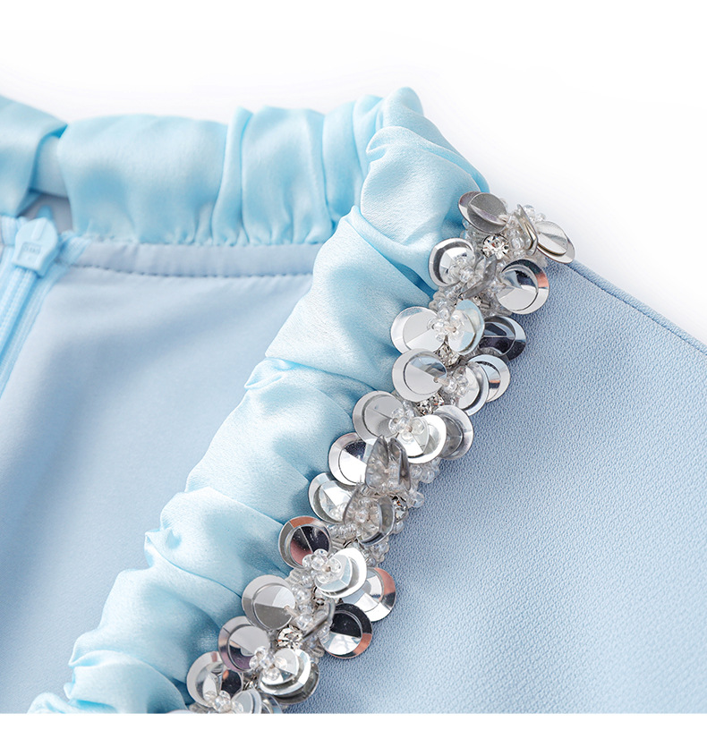 Đầm liền nữ cổ chữ V xếp ly tay lỡ, chất liệu sequin lấp lánh kiểu dáng quý bà — Màu xanh lam nhạt chi tiết 21