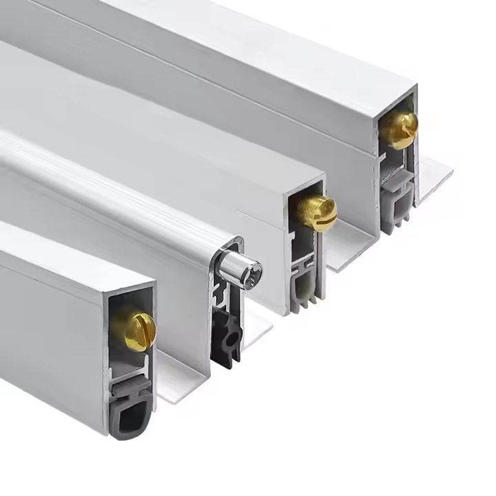 Exportación personalizada en forma de U elevación automática sellado de puertas de madera de montaje oculto barrera de aislamiento acústico de ingeniería de hoteles barras de polvo inferior