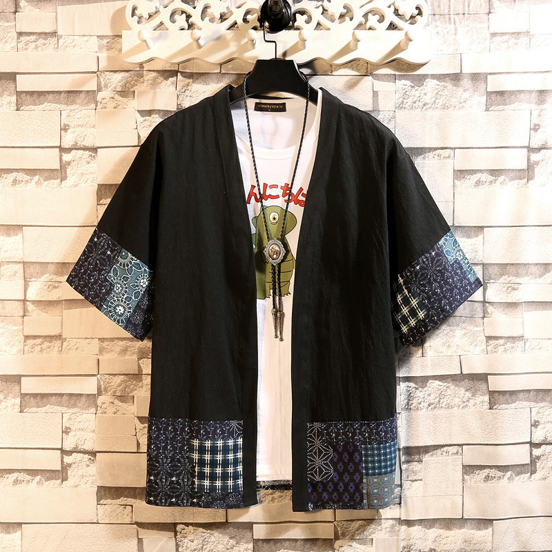 2023 Summer Chinese Style Stitching Seven-Sleeve Cotton and Linen Shirt Hanfu Cardigan Kimono Thin Short-Sleeved Home Clothes for Men
