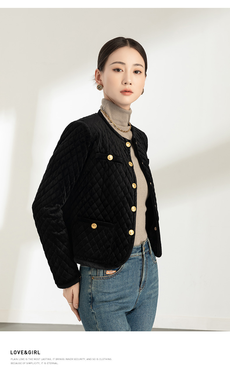 Áo khoác nhung nữ cổ tròn ngắn dày dặn kiểu Chanel chần ô vuông — Màu đen chi tiết 16