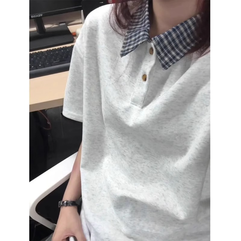 假两件格纹拼接polo衫短袖男款夏季学院风衬衫领t恤美式复古半袖|undefined