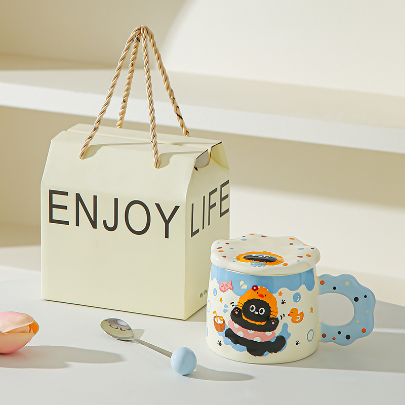 Con cubierta encantador conjunto de dibujos animados gato negro tazas de alto valor pareja tazas de cerámica tazas de agua marca regalo acompañante