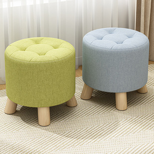 Solid Wood Fabric Small Stool for Home Use, Trendy Low Stool, Creative Children's Small Bench, Round Stool, Modern Coffee Table Stool, Sofa Stool