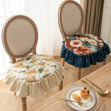 家用餐桌马蹄坐垫可拆洗荷叶边印花花朵坐垫复古田园风凳子垫子