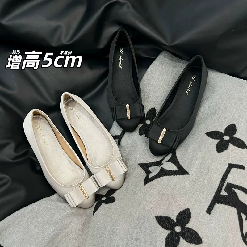 2026 New Retro Round-Toe Soft-Soled Ballet Shoes with 5cm Height Increase, Metal Buckle, Bow, Satin Shallow-Mouthed Single Shoes for Women 2026 New Retro Round-Toe Soft-Soled Ballet Shoes with 5cm Height Increase, Metal Buckle, Bow, Satin Shallow-Mouthed Single Shoes for Women