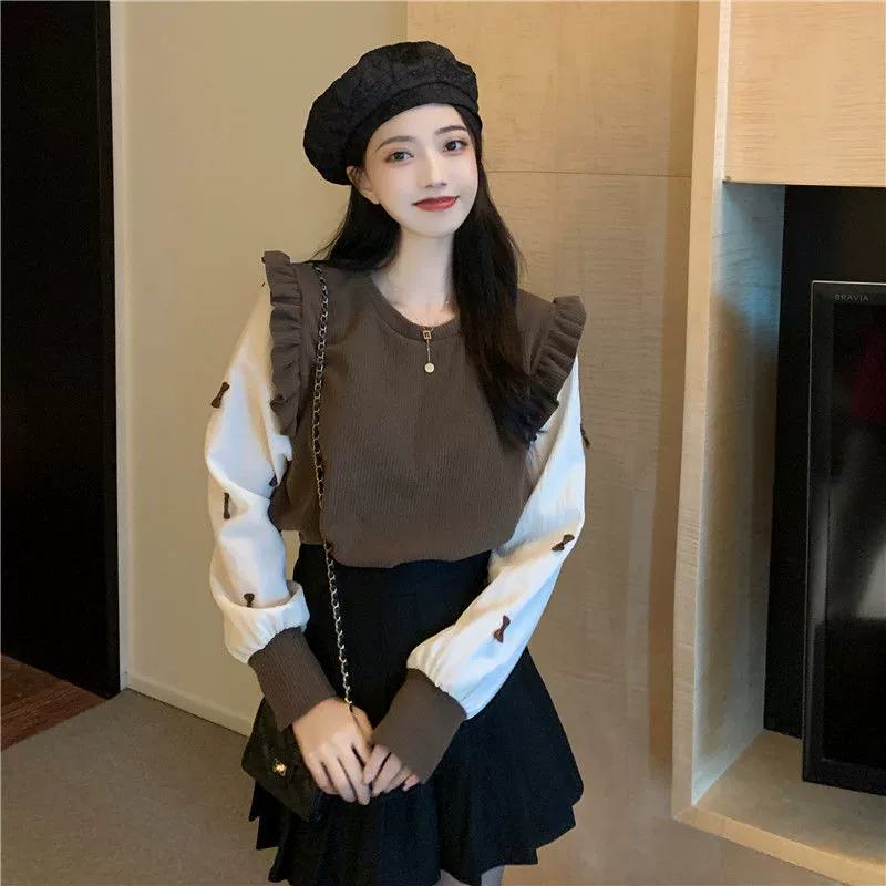 Весенний свитер контрастного цвета с пышными рукавами, женский сезонный дизайн, модные длинные рукава с рюшами