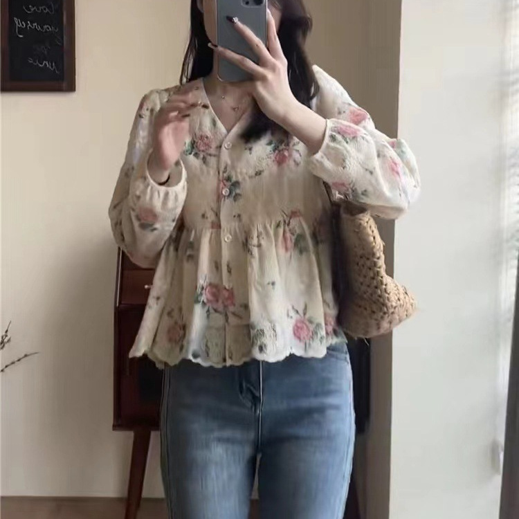 跨境秋季新款小个子短款蕾丝衬衫设计感小众泡泡袖高级感碎花衬衣|undefined