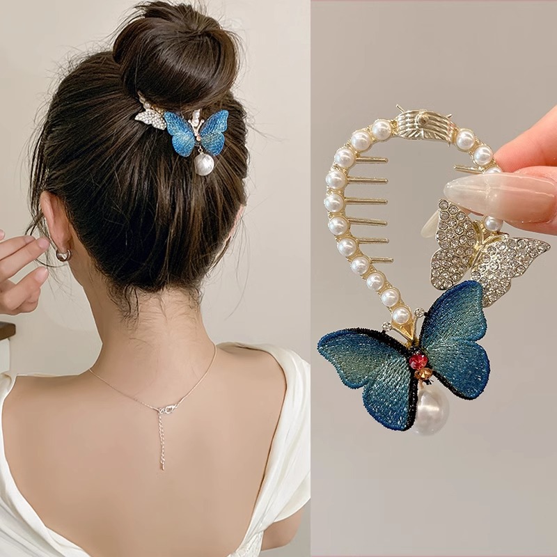 Nuevo estilo chino mariposa botón de cabello para mujeres de alta calidad flores de perla clips de cola de caballo lujoso clips de agarre de cabeza posterior falda de caballo adornamiento para el cabello