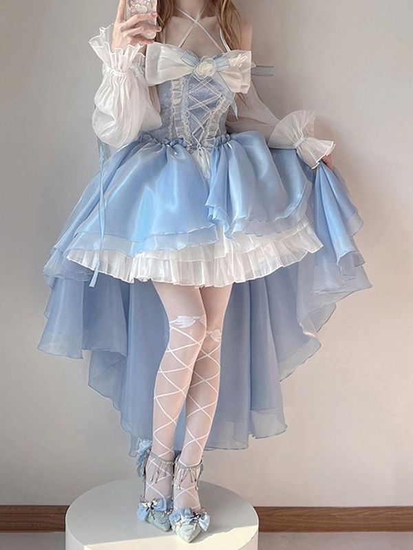 蓝色lolita连衣裙洋装设计前短后长花嫁重工大蝴蝶结拖尾公主裙子|undefined