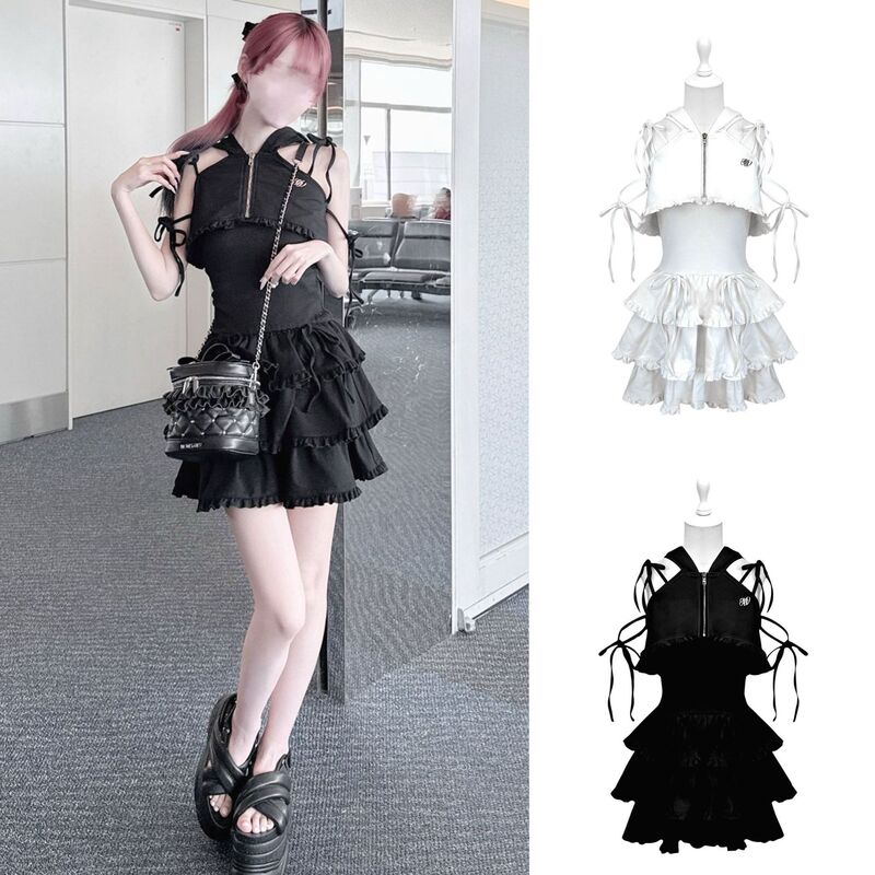Honeymew style halter neck hooded cape, strapless cake skirt two-piece set, pure desire off-shoulder dress for women