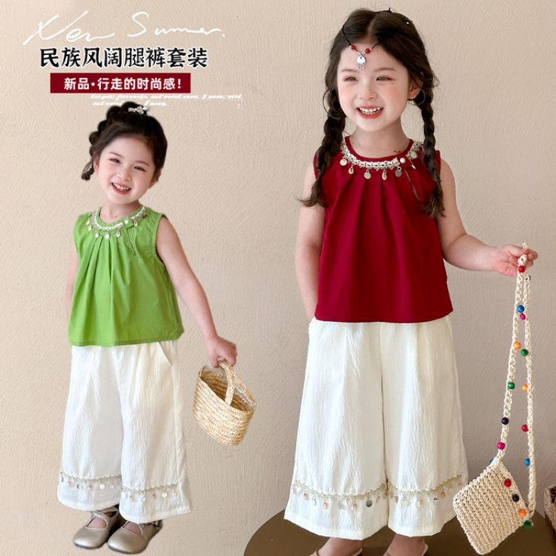 女童夏季套装2025新款民族风阔腿裤两件套波西米亚套装