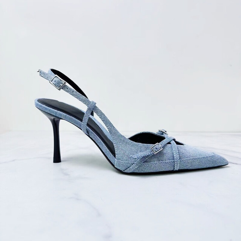 ZA2024 Spring/Summer New denim low-cut lace-up hollow closed toe sexy stiletto heel fashion sandals Muller shoes