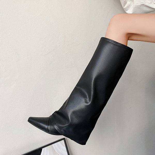 Boot nữ cổ cao mũi nhọn gót dày phong cách phương Tây — Lớp lót nhung đen