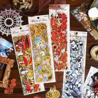 AGUGU梦游之境咕卡贴纸ins复古创意镭射立体烫金手帐流麻pet贴纸