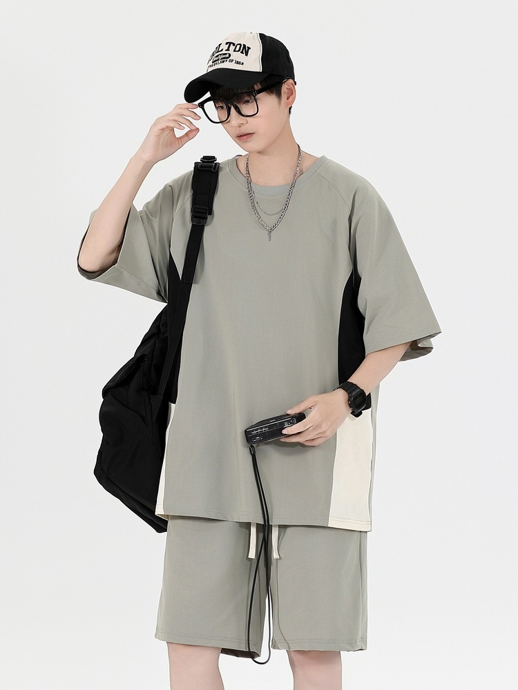 Pantalones cortos sueltos de manga corta a juego de color de verano, traje deportivo casual, traje de dos piezas de moda para jóvenes y estudiantes varones