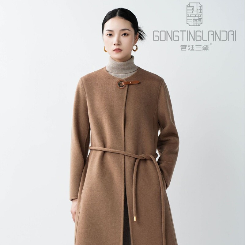 [in Stock] European and American Simple Style Elegant Long Camel Wool Women's Double-Sided Woolen Coat for Spring