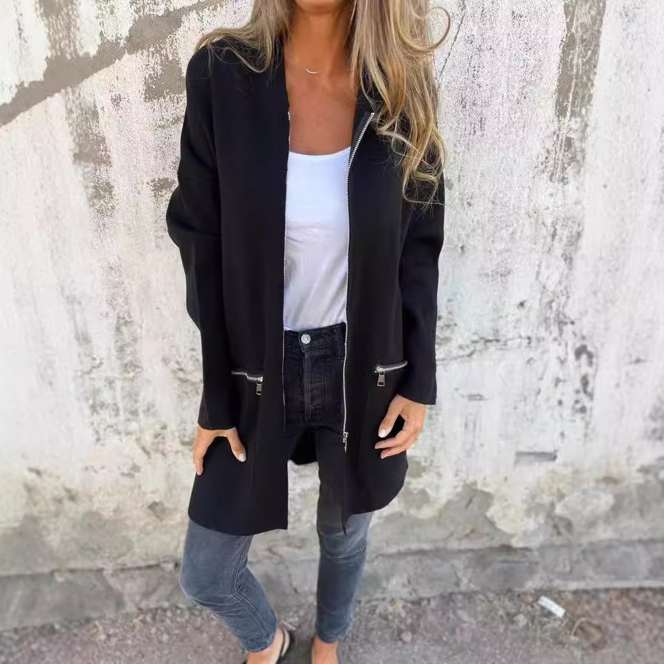 Women’s Solid Color Zip-Up Hooded Jacket – Lightweight Casual Outerwear For Autumn & Winter (Black/Grey/Rose Red/Khaki/Red, S-XXXL)_voghion.com