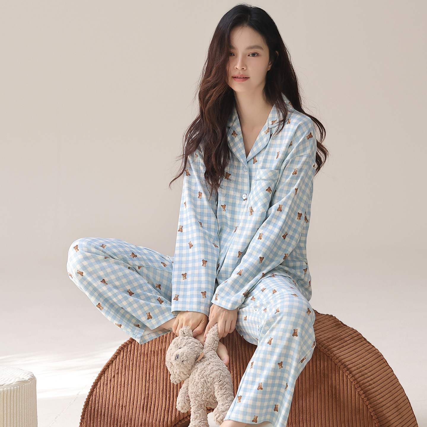 Pajamas for Women Spring and Autum 100% Cotton Long-Sleeved Pants Cardigan Lapel Loose Casual Simple Home Wear Set