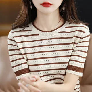 时尚气质网红时尚短袖t恤女2025夏季薄款针织衫新款圆领条纹半袖