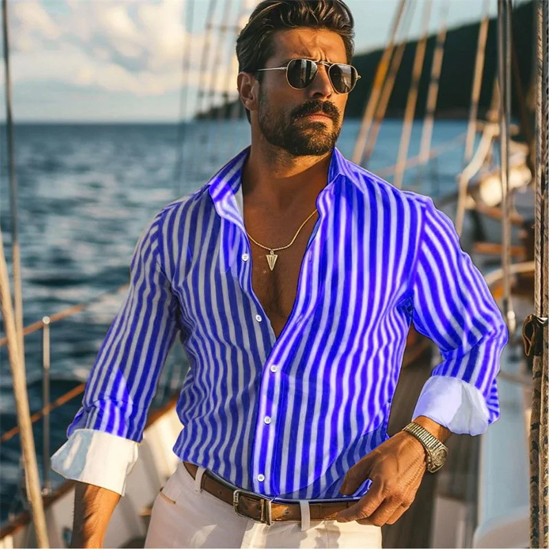 Camisa de manga larga a rayas con sentido de diseño de otoño para hombres sueltos 2024 nuevos tops se pueden usar afuera MB12