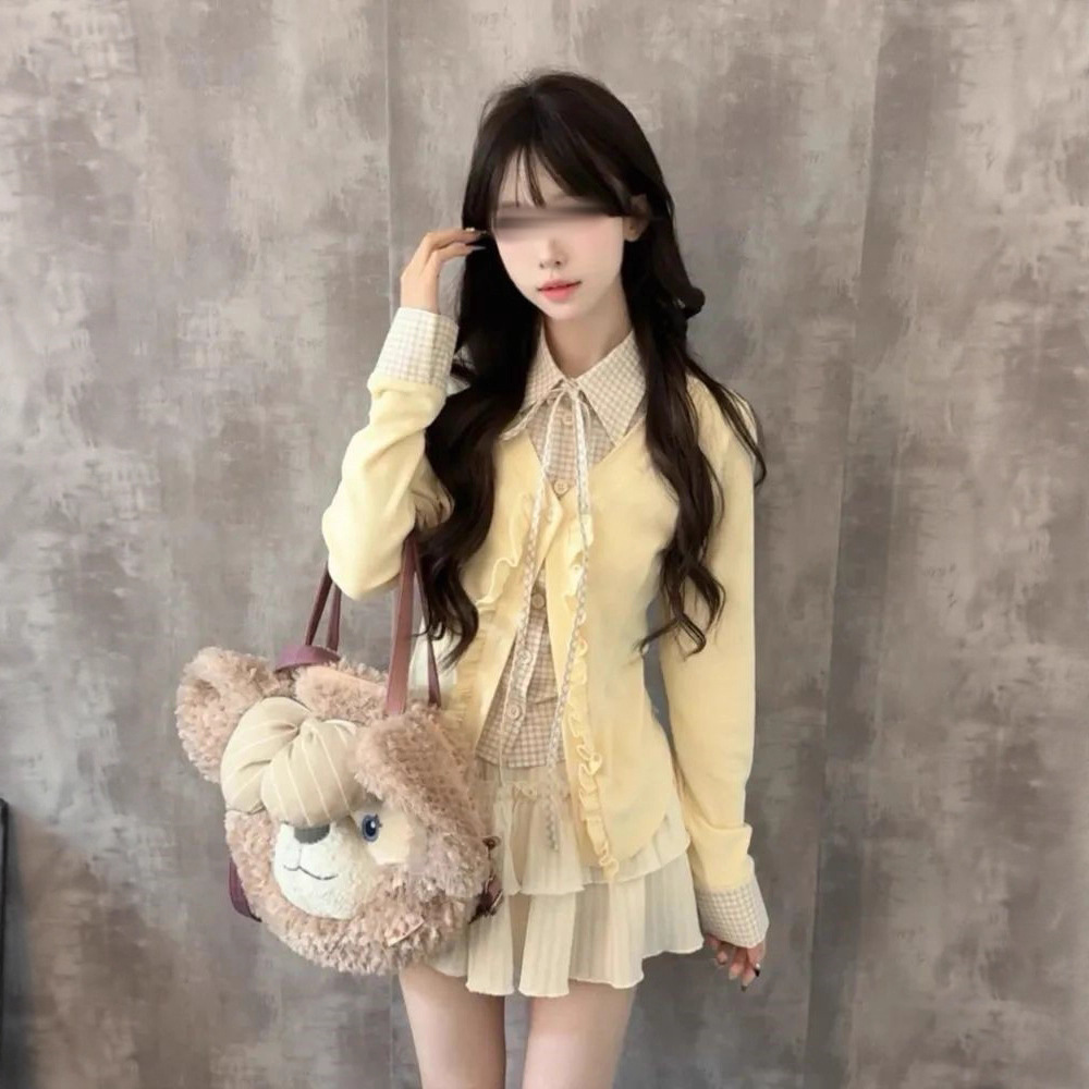 Gentle and Sweet College Style Suit Skirt for Women Spring & Fall New Long-Sleeved Fake Two-Piece Top Cake Skirt Two-Piece Set