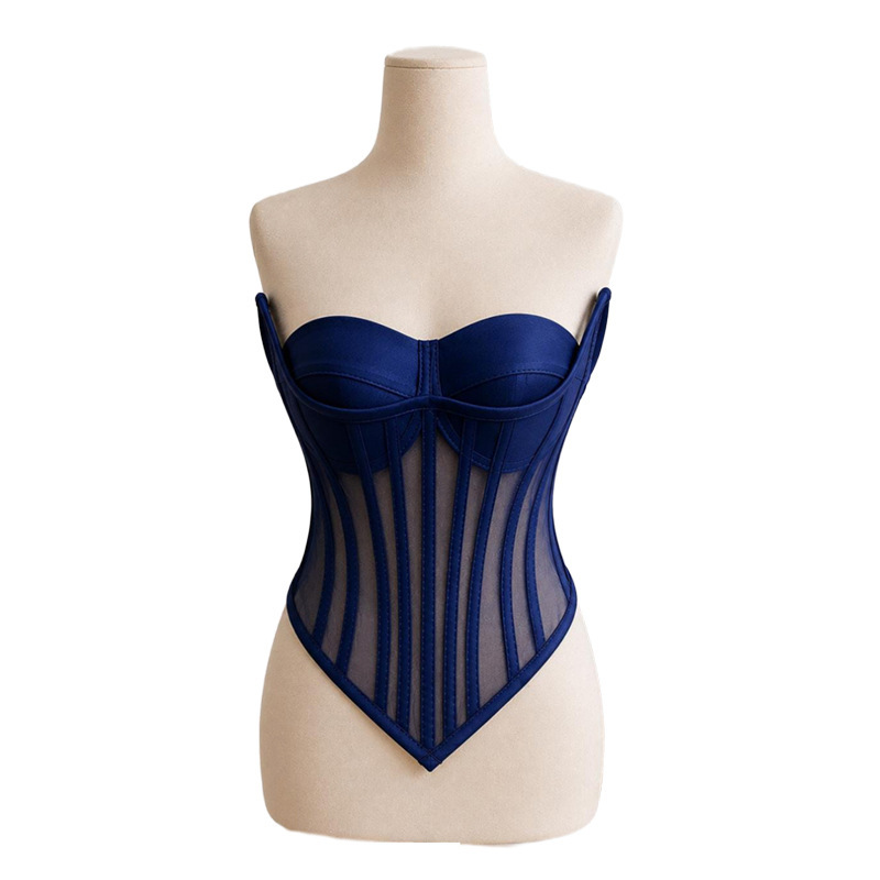 Customized dark blue fishbone corset for brides, sexy strapless top with sheer mesh, waist-shaping shapewear top Customized dark blue fishbone corset for brides, sexy strapless top with sheer mesh, waist-shaping shapewear top