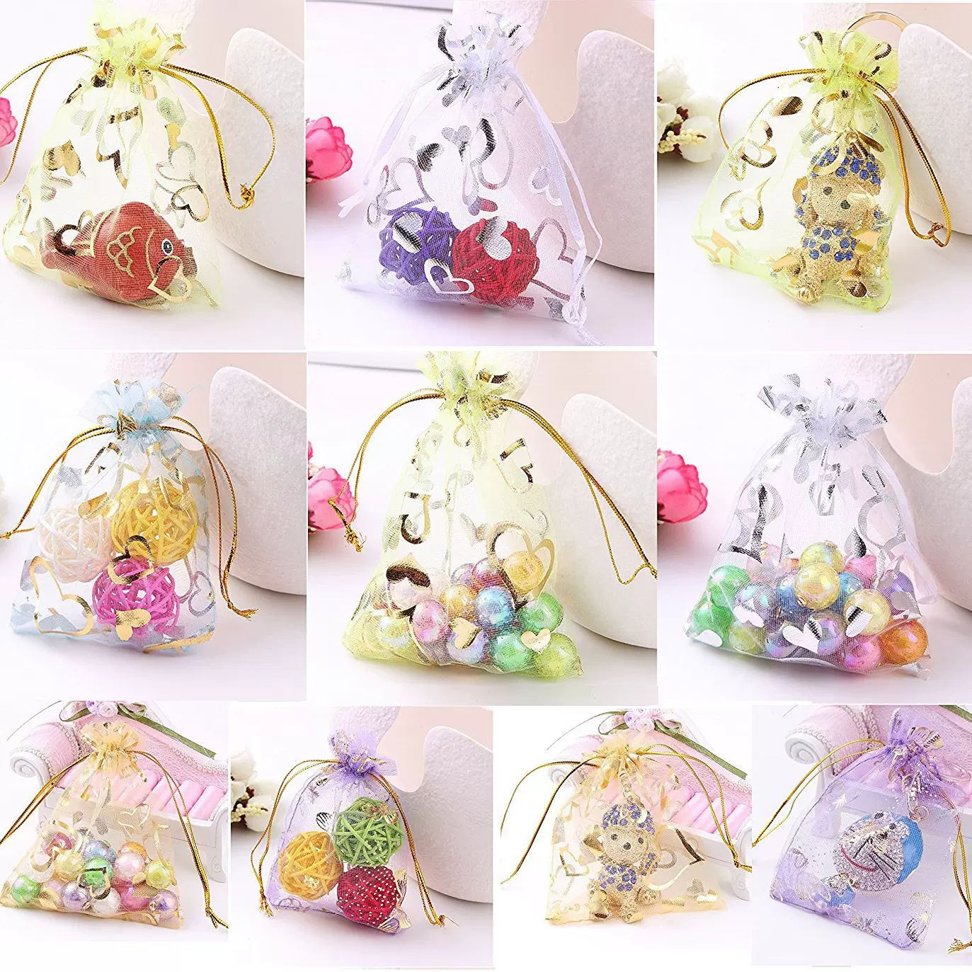 婚礼糖果喜糖雪纱袋烫金桃心欧根纱袋香包空袋礼品纱袋网纱束口袋