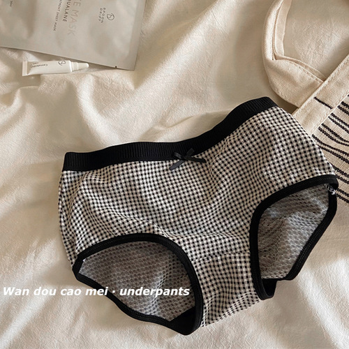 Grid underwear simple and comfortable breathable pure desire middle waist girl cute cute fresh pure cotton triangle pants